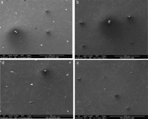 SEM micrographs of (a) Al7075/10wt.% flyash cenosphere, (b) Al7075/10wt.% flyash cenosphere/2wt.% graphite, (c) Al7075/10wt.% flyash cenosphere/4wt.% graphite and (d) Al7075/10wt.% flyash cenosphere/6wt.% graphite.
